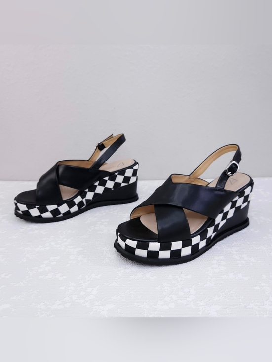 Francesco V. Shoes - Black Check-Pattern Wedge Sandals *FIT SMALL*
